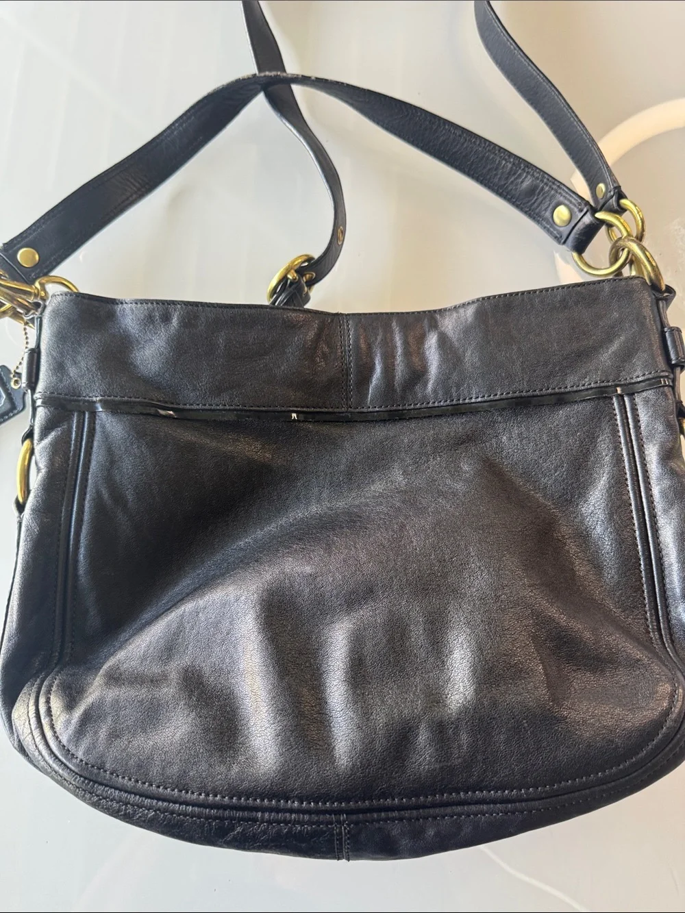 Coach Zoe Black Leather Shoulder Bag with Gold Studs